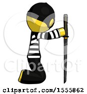 Poster, Art Print Of Yellow Thief Man Kneeling With Ninja Sword Katana Showing Respect