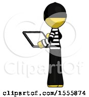 Poster, Art Print Of Yellow Thief Man Looking At Tablet Device Computer With Back To Viewer