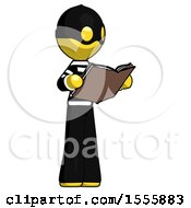 Poster, Art Print Of Yellow Thief Man Reading Book While Standing Up Facing Away