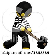 Poster, Art Print Of Yellow Thief Man Hitting With Sledgehammer Or Smashing Something At Angle