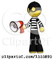 Poster, Art Print Of Yellow Thief Man Holding Megaphone Bullhorn Facing Right