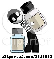 White Thief Man Holding Large White Medicine Bottle With Bottle In Background