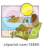 Beautiful Woman Wearing A Bikini And Relaxing In A Lounge Chair On A Beach Watching As A Muscular Man Swims Past In The Water