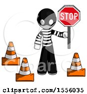 Poster, Art Print Of White Thief Man Holding Stop Sign By Traffic Cones Under Construction Concept