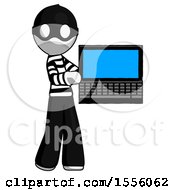 Poster, Art Print Of White Thief Man Holding Laptop Computer Presenting Something On Screen