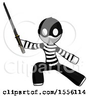 White Thief Man With Ninja Sword Katana In Defense Pose