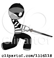 White Thief Man With Ninja Sword Katana Slicing Or Striking Something
