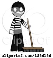 White Thief Man Standing With Industrial Broom