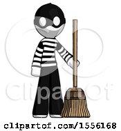 White Thief Man Standing With Broom Cleaning Services