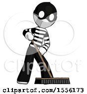 Poster, Art Print Of White Thief Man Cleaning Services Janitor Sweeping Floor With Push Broom