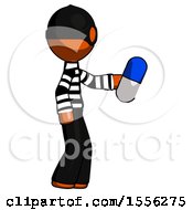 Orange Thief Man Holding Blue Pill Walking To Right