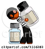 Orange Thief Man Holding Large White Medicine Bottle With Bottle In Background