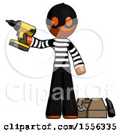 Poster, Art Print Of Orange Thief Man Holding Drill Ready To Work Toolchest And Tools To Right