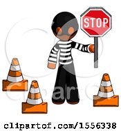 Orange Thief Man Holding Stop Sign By Traffic Cones Under Construction Concept