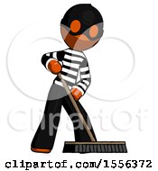 Poster, Art Print Of Orange Thief Man Cleaning Services Janitor Sweeping Floor With Push Broom