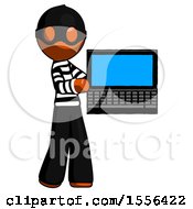 Poster, Art Print Of Orange Thief Man Holding Laptop Computer Presenting Something On Screen