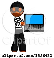 Orange Thief Man Holding Laptop Computer Presenting Something On Screen