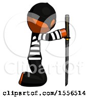 Poster, Art Print Of Orange Thief Man Kneeling With Ninja Sword Katana Showing Respect