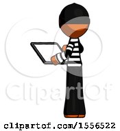 Poster, Art Print Of Orange Thief Man Looking At Tablet Device Computer With Back To Viewer