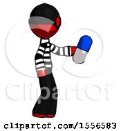Poster, Art Print Of Red Thief Man Holding Blue Pill Walking To Right
