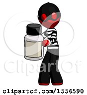 Red Thief Man Holding White Medicine Bottle