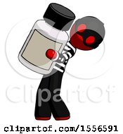 Red Thief Man Holding Large White Medicine Bottle