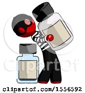 Red Thief Man Holding Large White Medicine Bottle With Bottle In Background
