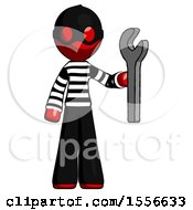 Red Thief Man Holding Wrench Ready To Repair Or Work