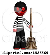 Red Thief Man Standing With Broom Cleaning Services