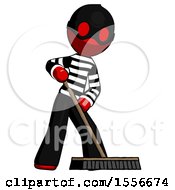 Poster, Art Print Of Red Thief Man Cleaning Services Janitor Sweeping Floor With Push Broom