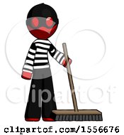 Red Thief Man Standing With Industrial Broom