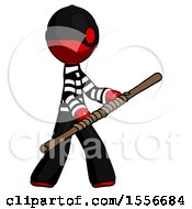 Poster, Art Print Of Red Thief Man Holding Bo Staff In Sideways Defense Pose