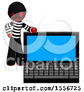 Red Thief Man Beside Large Laptop Computer Leaning Against It
