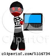 Poster, Art Print Of Red Thief Man Holding Laptop Computer Presenting Something On Screen