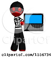Red Thief Man Holding Laptop Computer Presenting Something On Screen