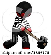 Poster, Art Print Of Red Thief Man Hitting With Sledgehammer Or Smashing Something At Angle