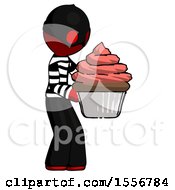Poster, Art Print Of Red Thief Man Holding Large Cupcake Ready To Eat Or Serve