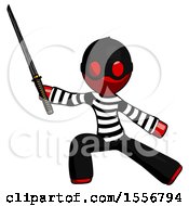 Red Thief Man With Ninja Sword Katana In Defense Pose