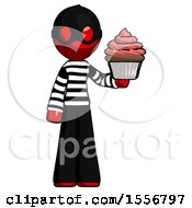 Red Thief Man Presenting Pink Cupcake To Viewer