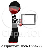 Poster, Art Print Of Red Thief Man Show Tablet Device Computer To Viewer Blank Area