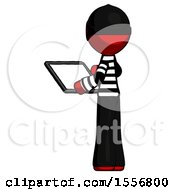 Poster, Art Print Of Red Thief Man Looking At Tablet Device Computer With Back To Viewer