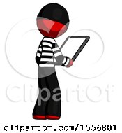 Poster, Art Print Of Red Thief Man Looking At Tablet Device Computer Facing Away