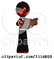 Poster, Art Print Of Red Thief Man Reading Book While Standing Up Facing Away