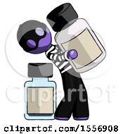 Poster, Art Print Of Purple Thief Man Holding Large White Medicine Bottle With Bottle In Background