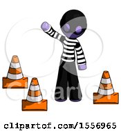 Purple Thief Man Standing By Traffic Cones Waving