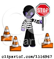 Purple Thief Man Holding Stop Sign By Traffic Cones Under Construction Concept