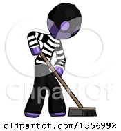Poster, Art Print Of Purple Thief Man Cleaning Services Janitor Sweeping Side View