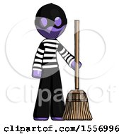 Purple Thief Man Standing With Broom Cleaning Services