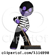 Poster, Art Print Of Purple Thief Man Cleaning Services Janitor Sweeping Floor With Push Broom