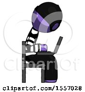 Poster, Art Print Of Purple Thief Man Using Laptop Computer While Sitting In Chair View From Side